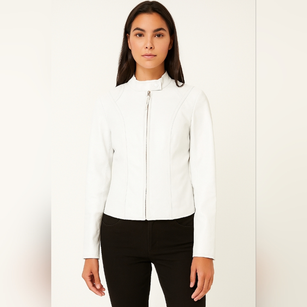 Le Château White Genuine Leather Moto Jacket XS – Minimalist Fitted Biker Coat